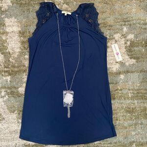 116. Wishful Park Navy Blue Lace Shoulder Size L T-shirt Dress with necklace NWT
